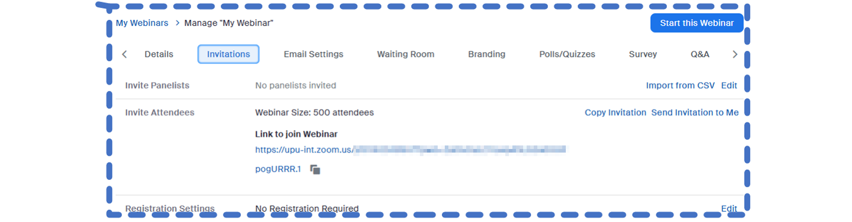 Onglet Invitations du webinaire : panélistes et participants, avec les repères du PowerPoint.