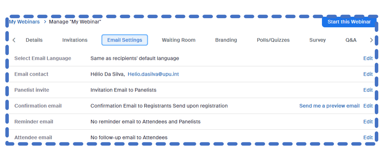 Onglet Email Settings du webinaire : paramètres des courriels, avec les repères du PowerPoint.