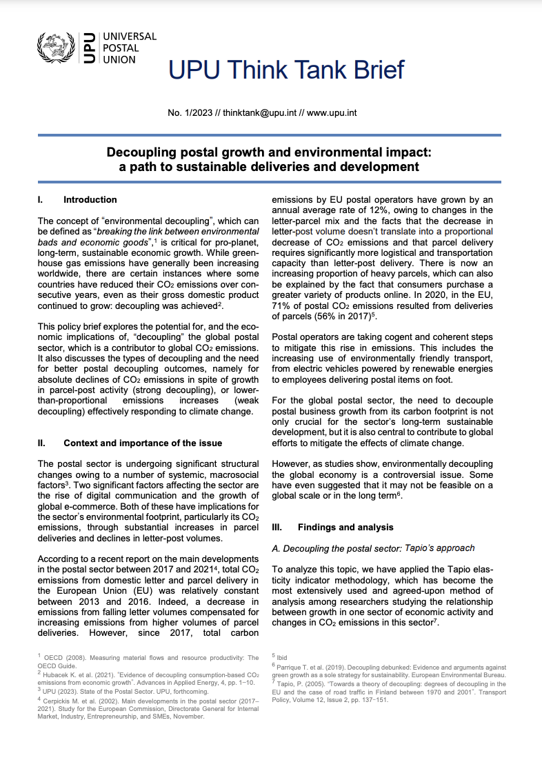 Decoupling postal growth and environmental impact: a path to sustainable deliveries and development