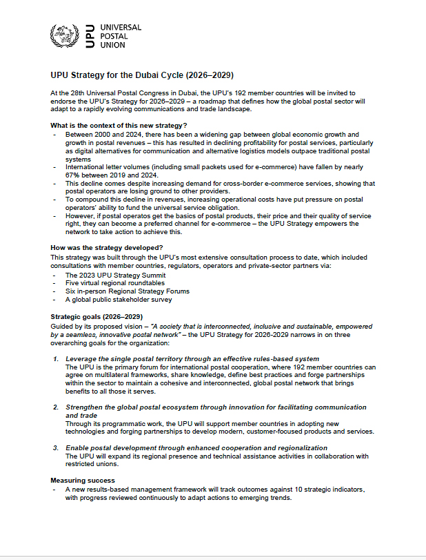 Backgrounder: UPU Strategy for the Dubai Cycle