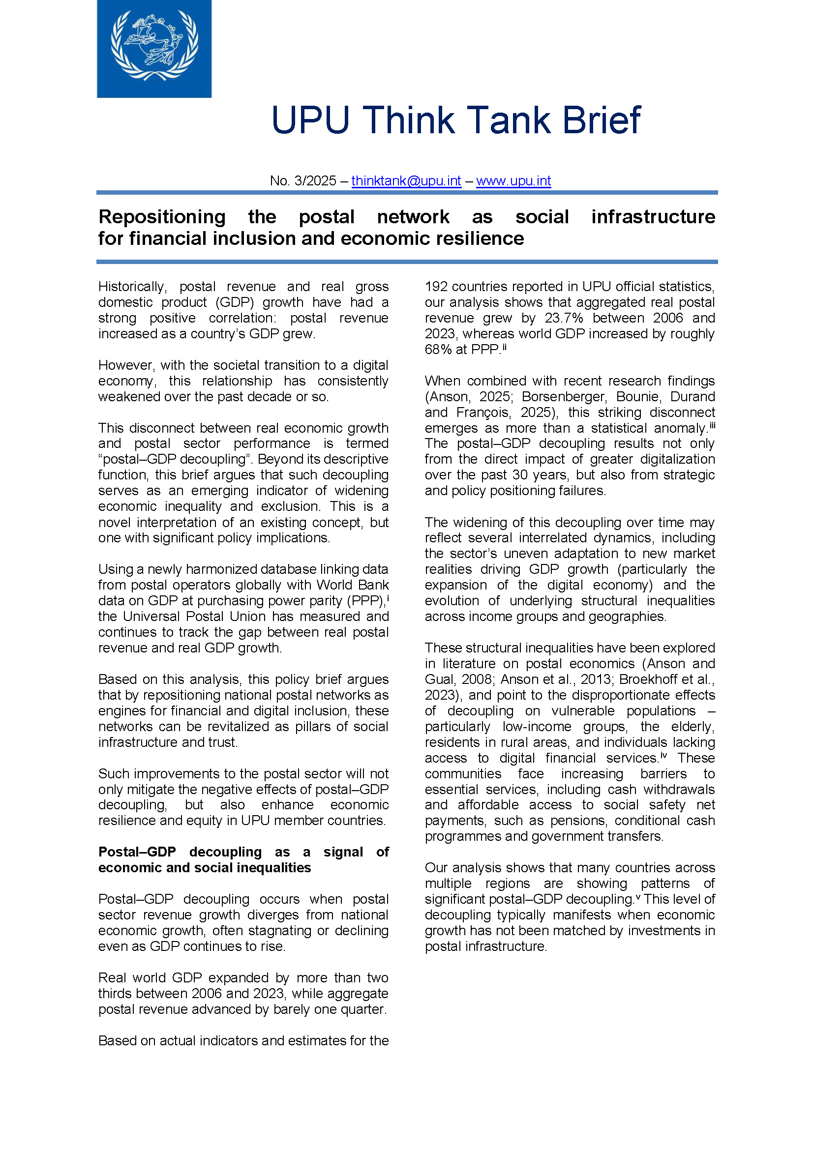 Repositioning the postal network as social infrastructure for financial inclusion and economic resilience